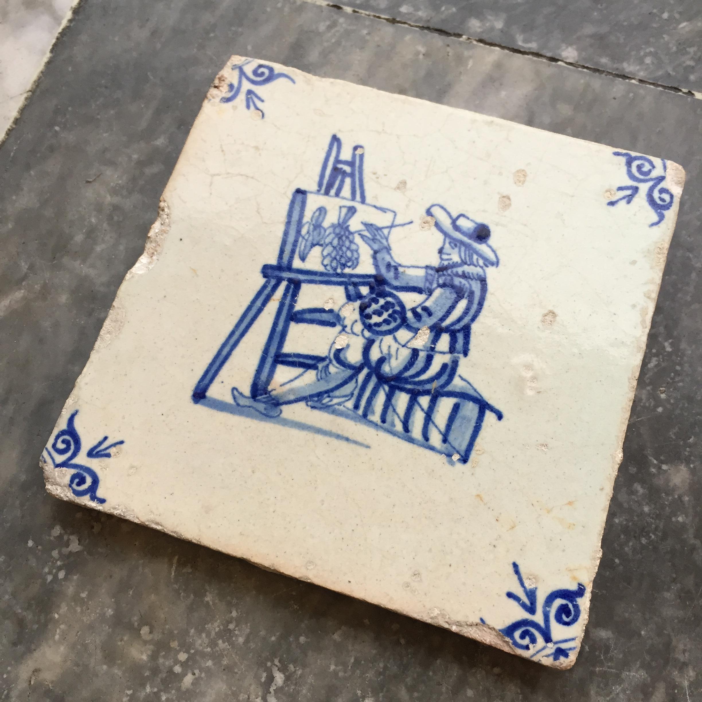 Fired Blue and White Dutch Delft Tile with Artist, Mid 17th Century