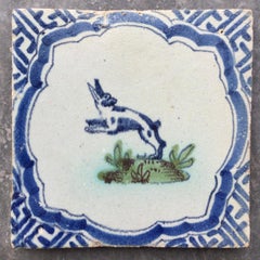 Blue and White Dutch Delft Tile with Hare, Mid 17th Century