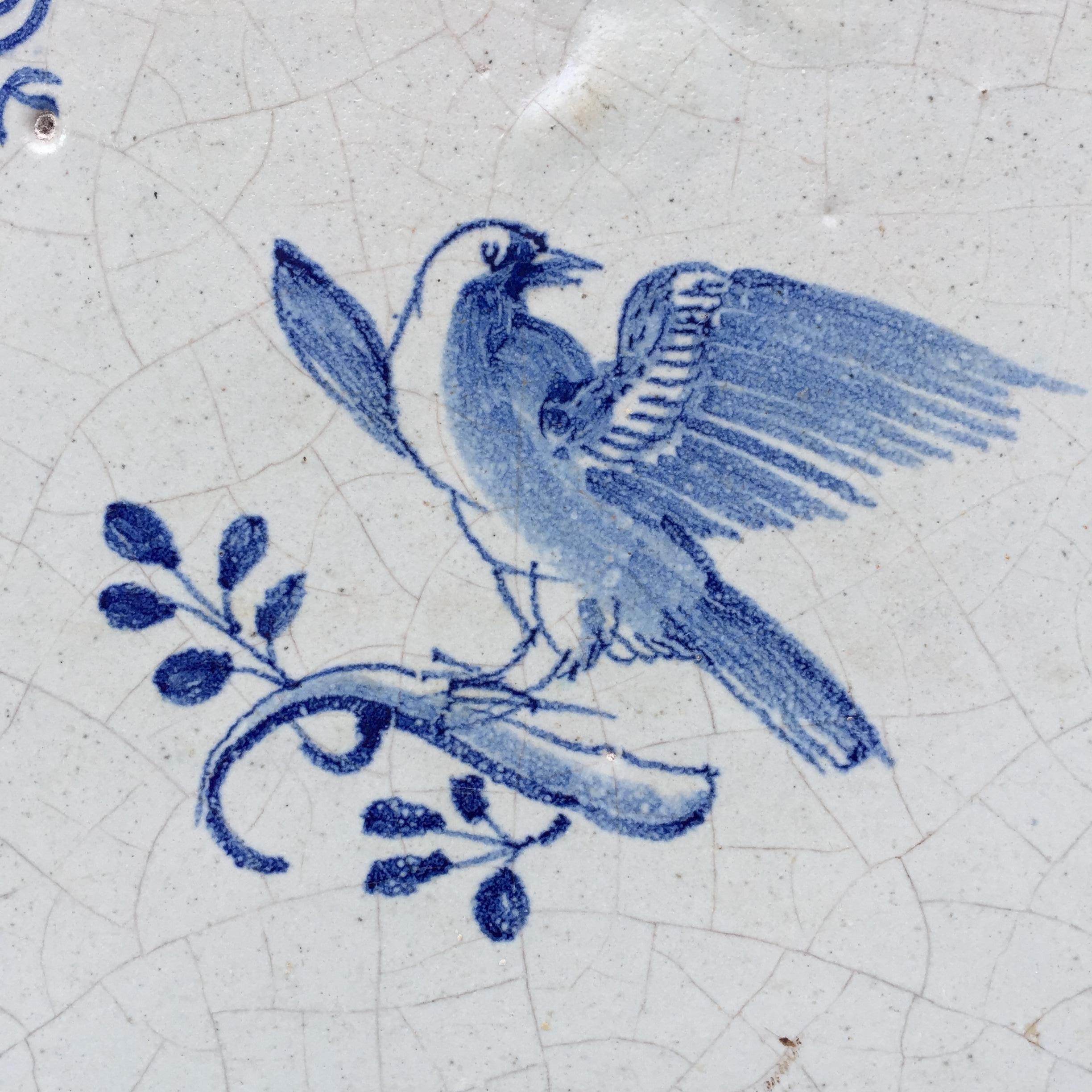 Baroque Blue and White Dutch Delft Tile with Bird, Mid 17th Century