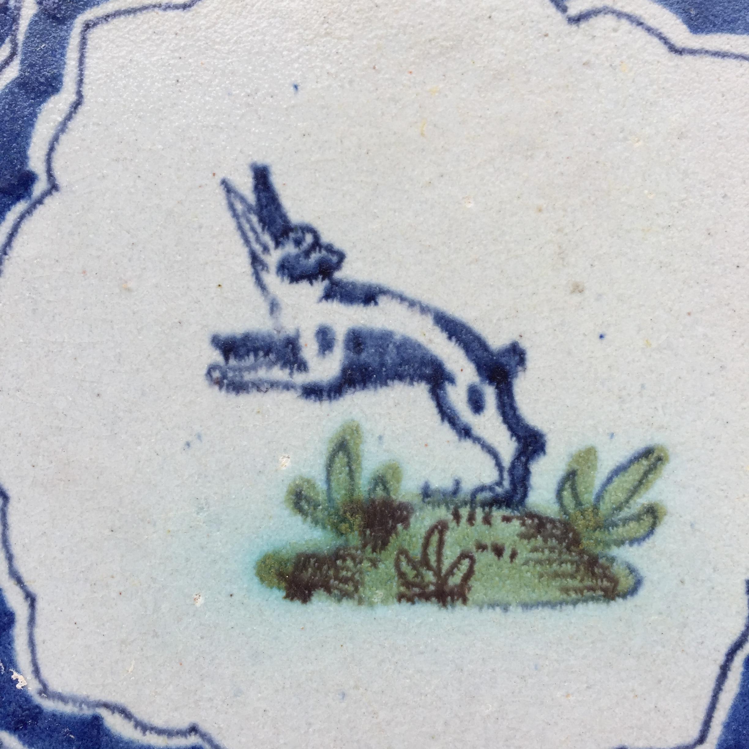 Baroque Blue and White Dutch Delft Tile with Hare, Mid 17th Century For Sale