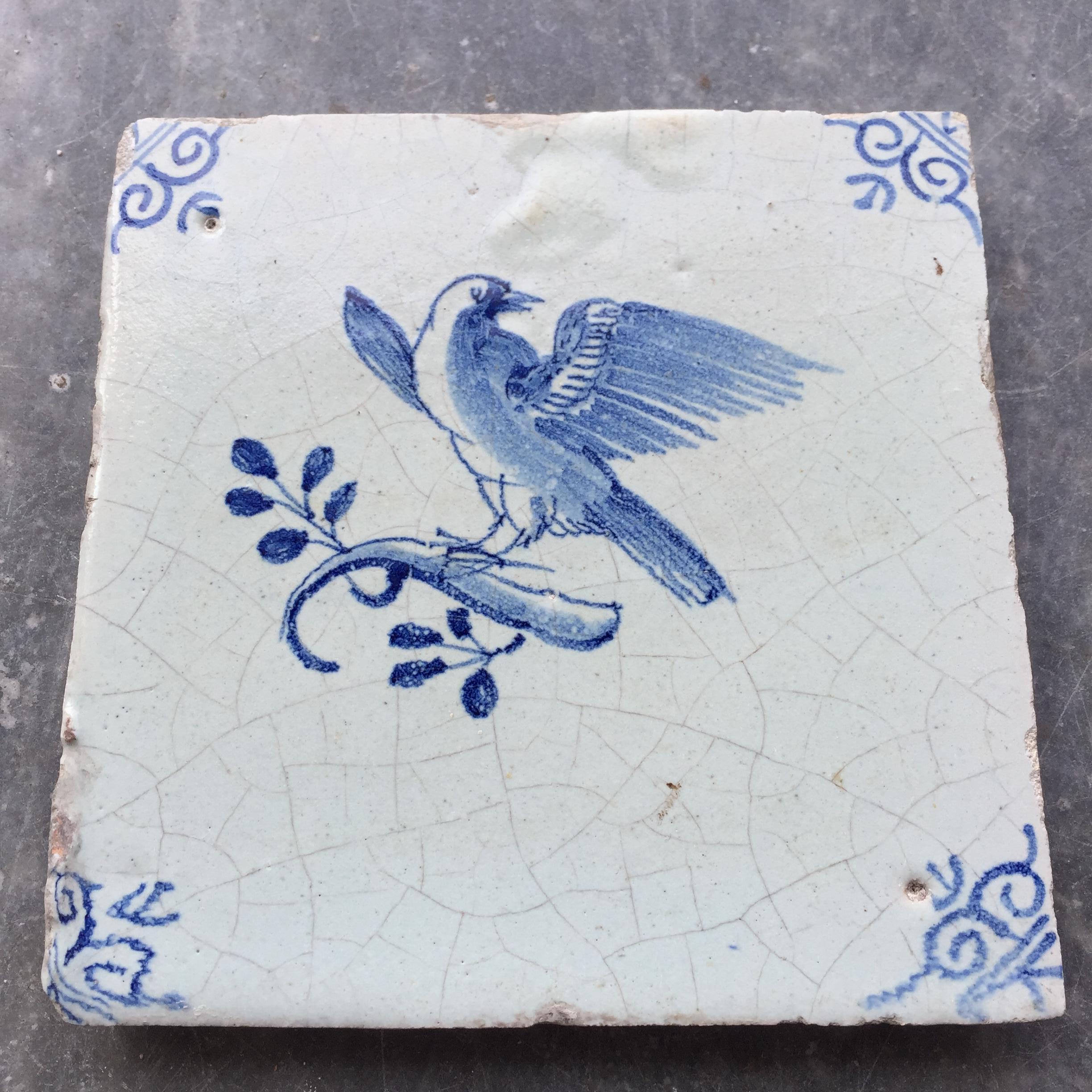 Fired Blue and White Dutch Delft Tile with Bird, Mid 17th Century