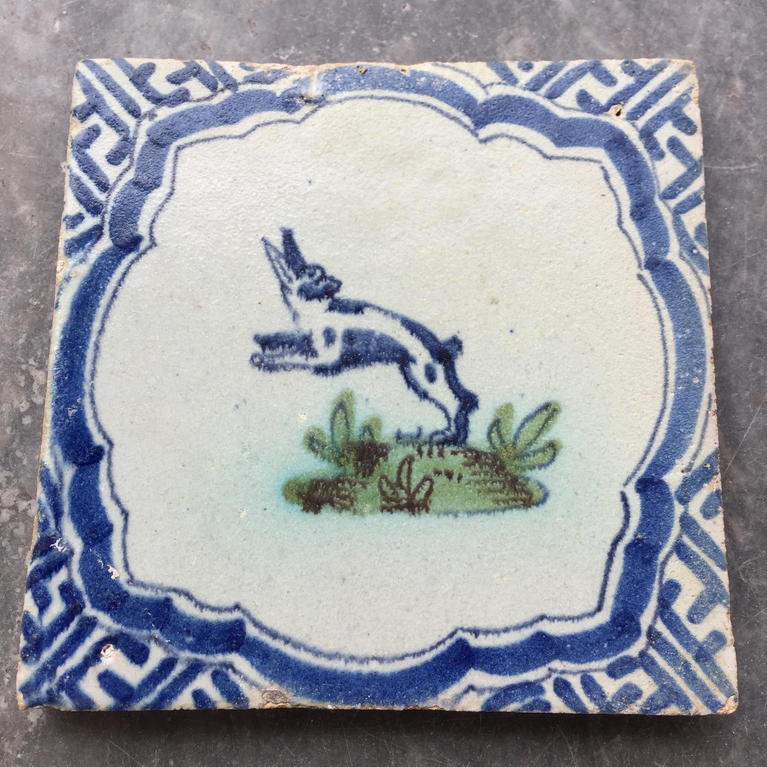Fired Blue and White Dutch Delft Tile with Hare, Mid 17th Century For Sale