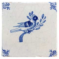 Blue and White Dutch Delft Tile with Bird, Mid 17th Century