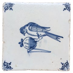 Blue and White Dutch Delft Tile with Bird, Mid 17th Century