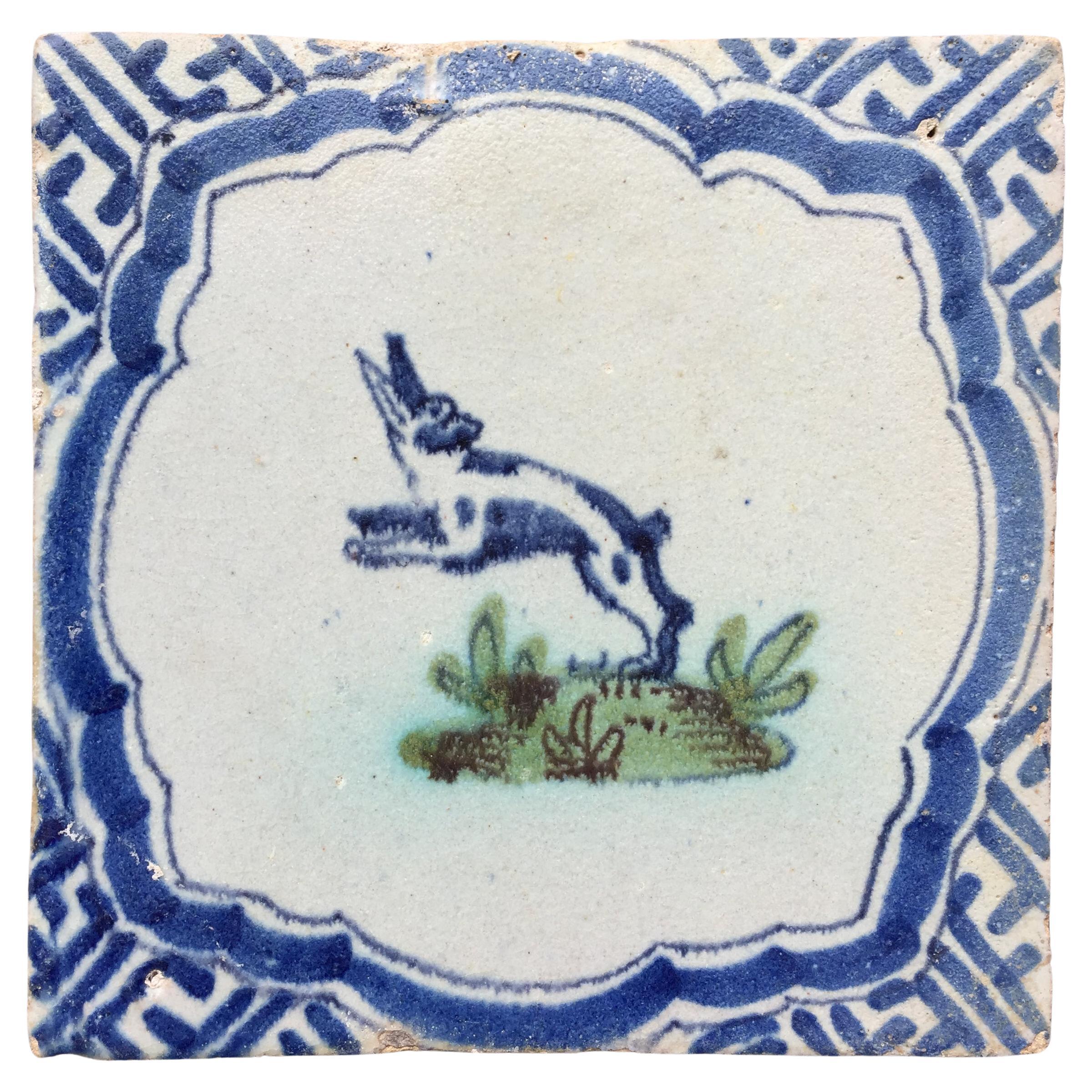 Blue and White Dutch Delft Tile with Hare, Mid 17th Century