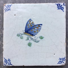 Blue and White Dutch Delft Tile with Butterfly, Mid 17th Century