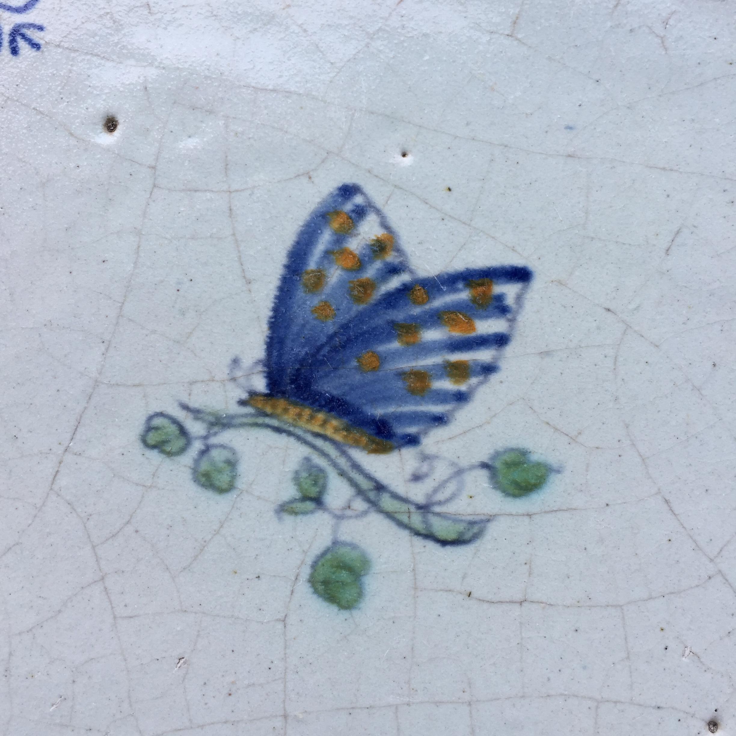 Baroque Blue and White Dutch Delft Tile with Butterfly, Mid 17th Century