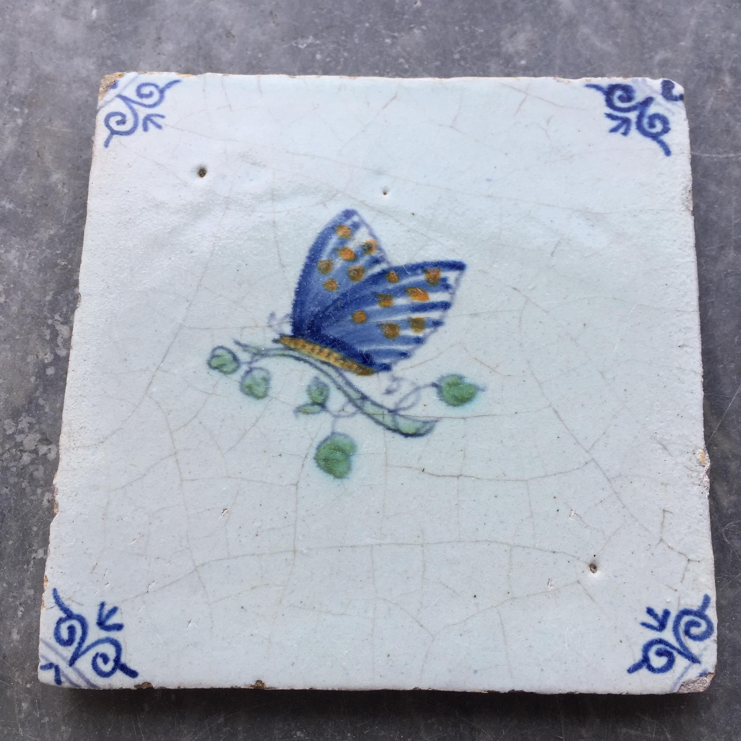 Fired Blue and White Dutch Delft Tile with Butterfly, Mid 17th Century