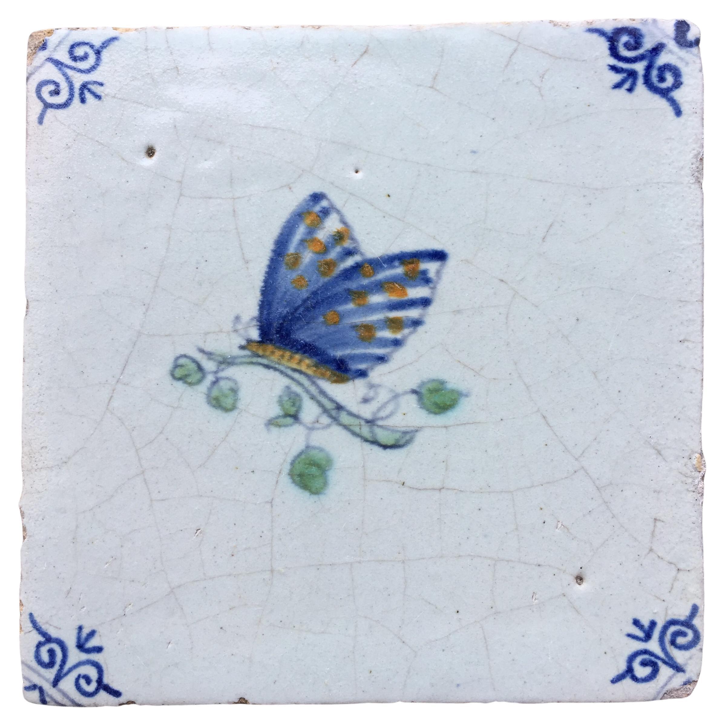 Blue and White Dutch Delft Tile with Butterfly, Mid 17th Century