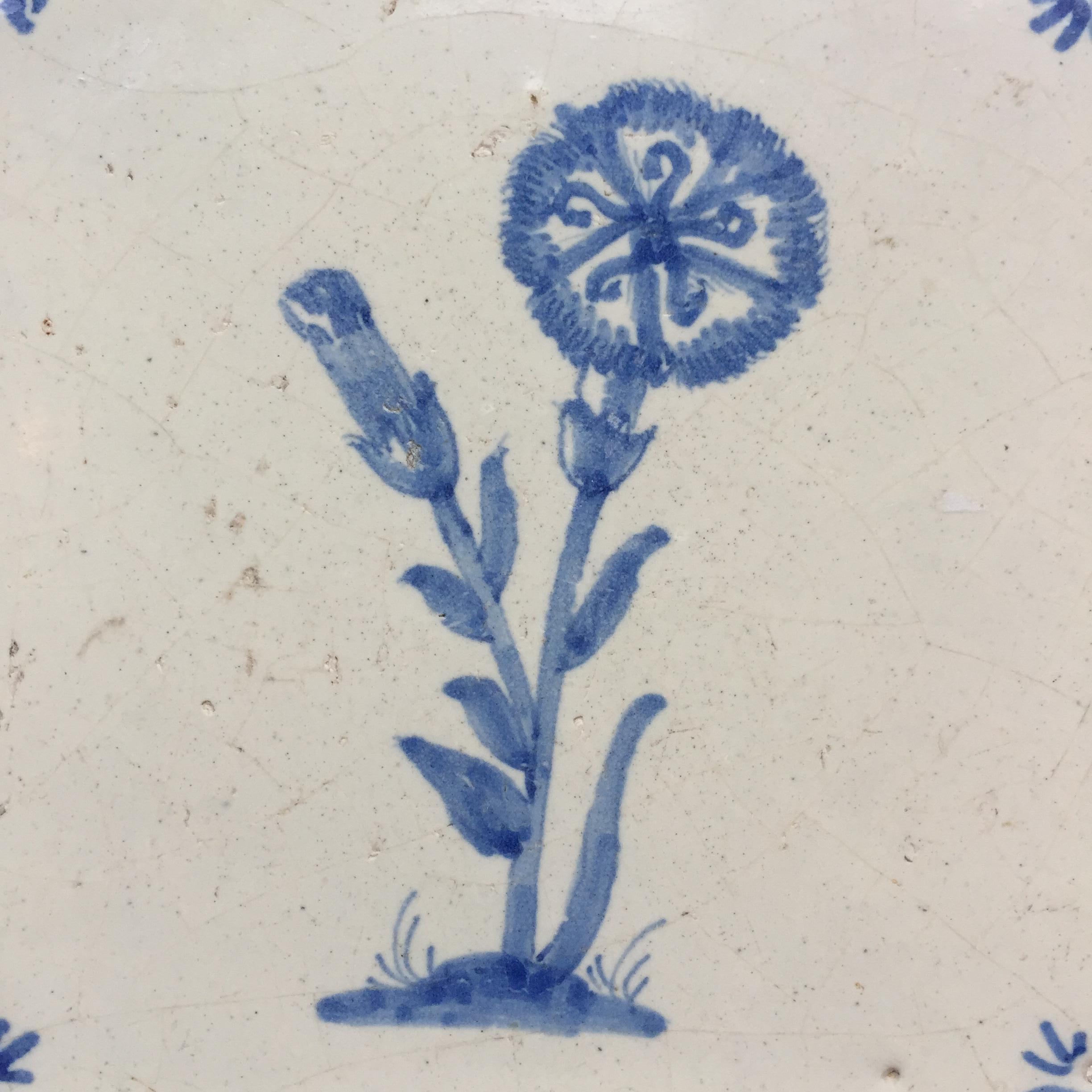 The Netherlands
Circa 1660 – 1680

A blue and white Dutch tile with the decoration of two carnations. One in the bud and one in bloom.
With small oxheads as corner decoration.

The tile is in very good condition, with the normal superficial wear and
