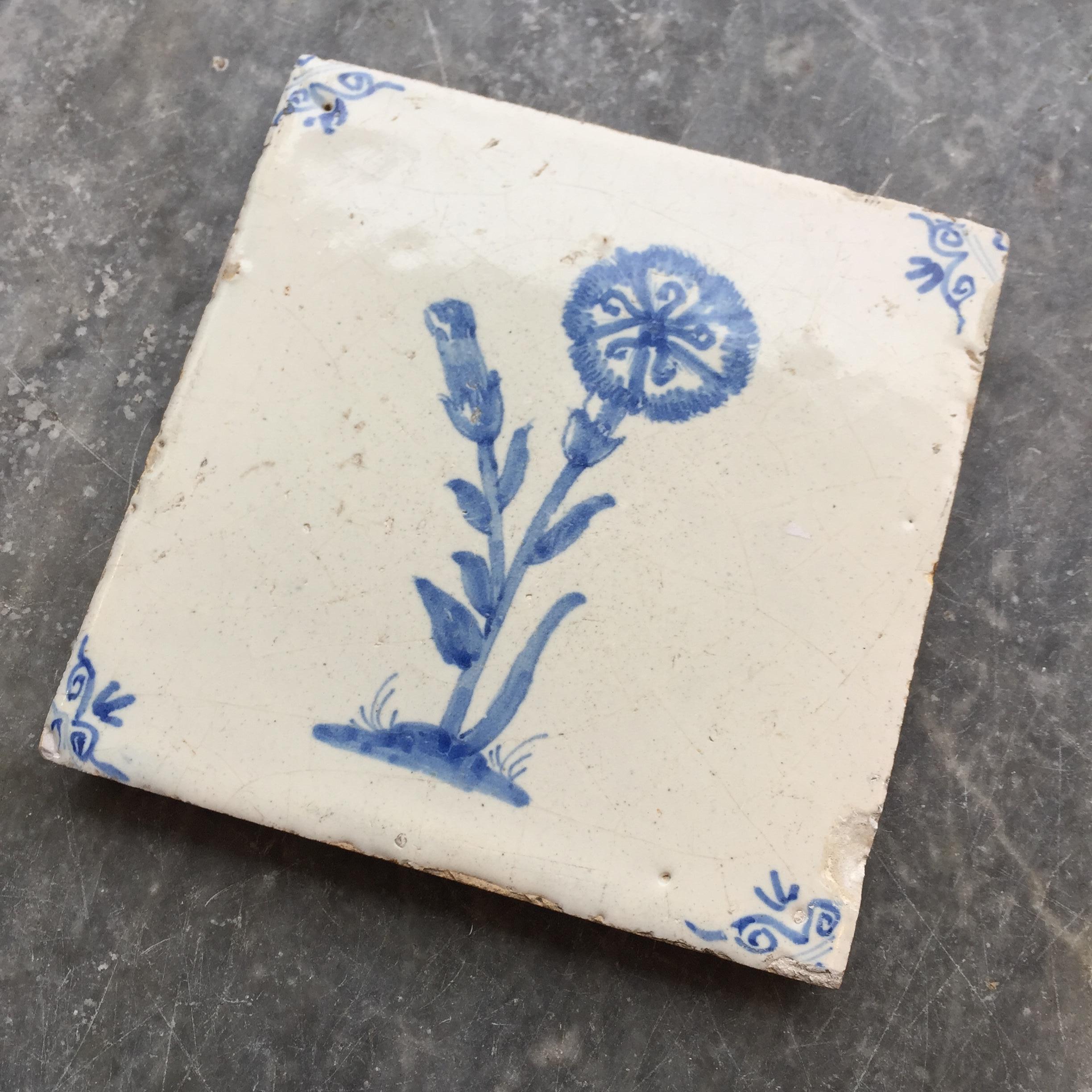 Baroque Blue and White Dutch Delft Tile with Carnation, 17th Century For Sale