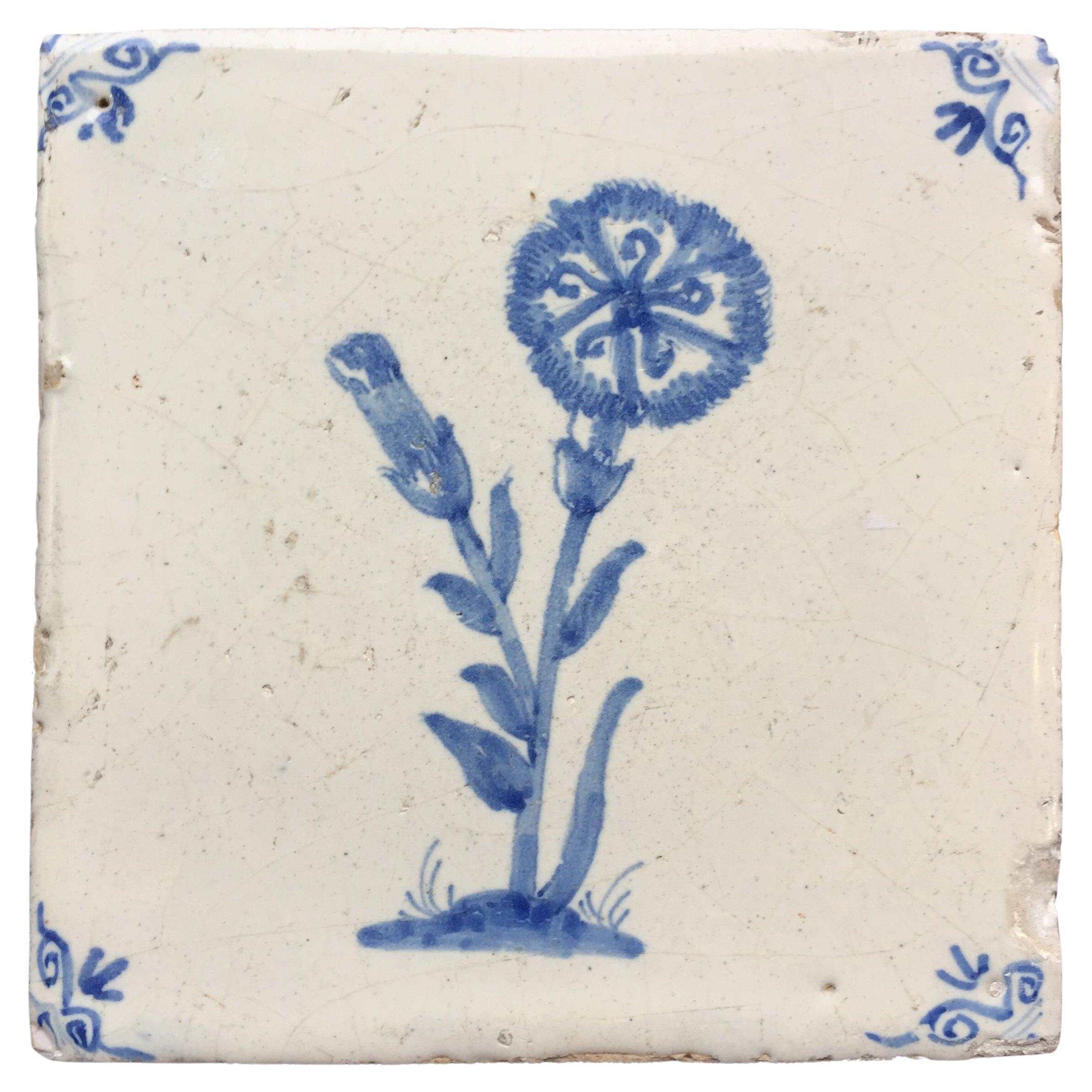 Blue and White Dutch Delft Tile with Carnation, 17th Century For Sale