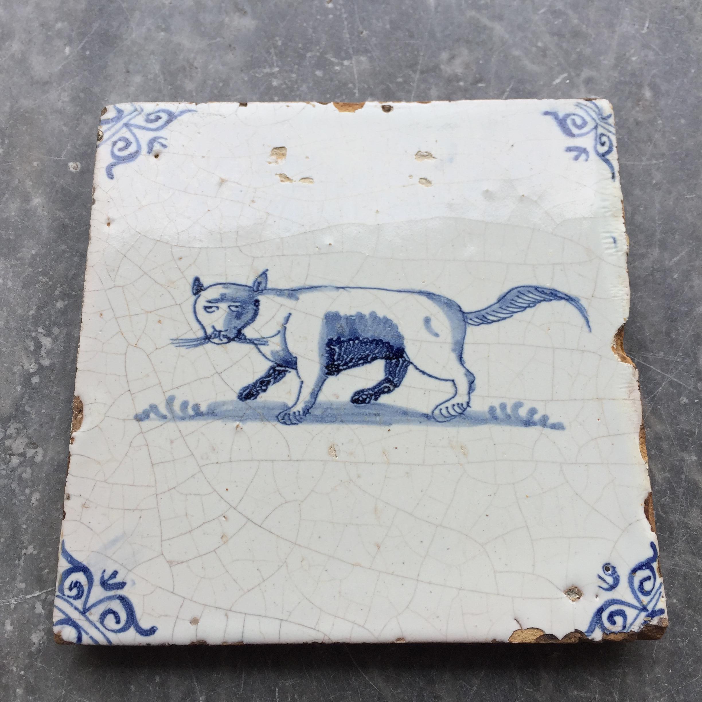 Fired Blue and White Dutch Delft Tile with Cat, Mid 17th Century For Sale
