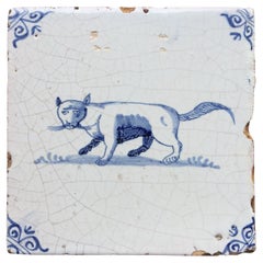 Blue and White Dutch Delft Tile with Cat, Mid 17th Century