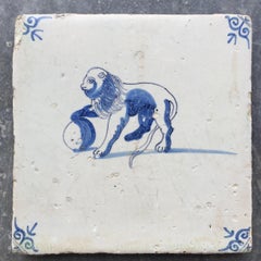 Blue and White Dutch Delft Tile with Dutch Lion with Globe, Mid 17th Century