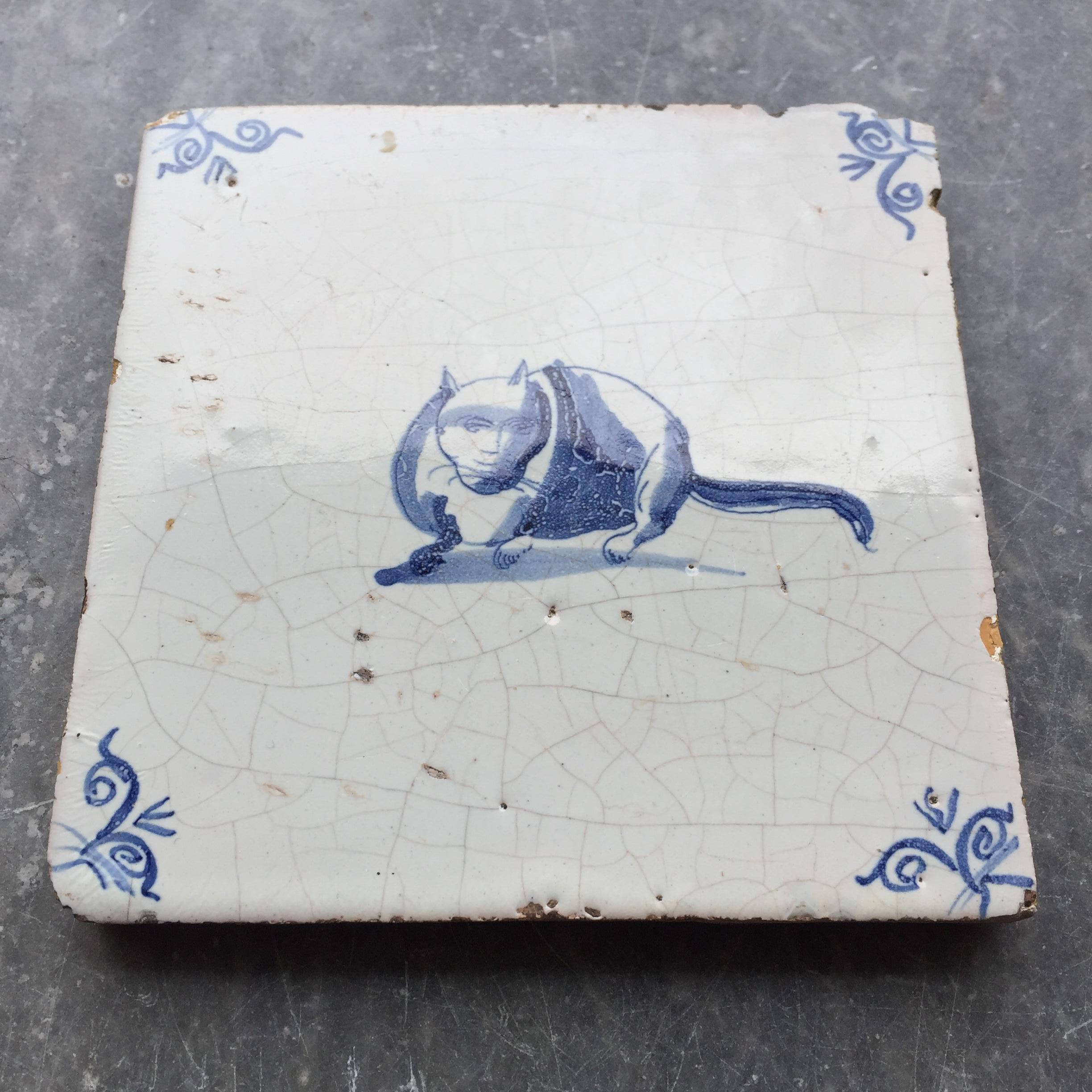 Baroque Blue and White Dutch Delft Tile with Fat Cat, Mid 17th Century