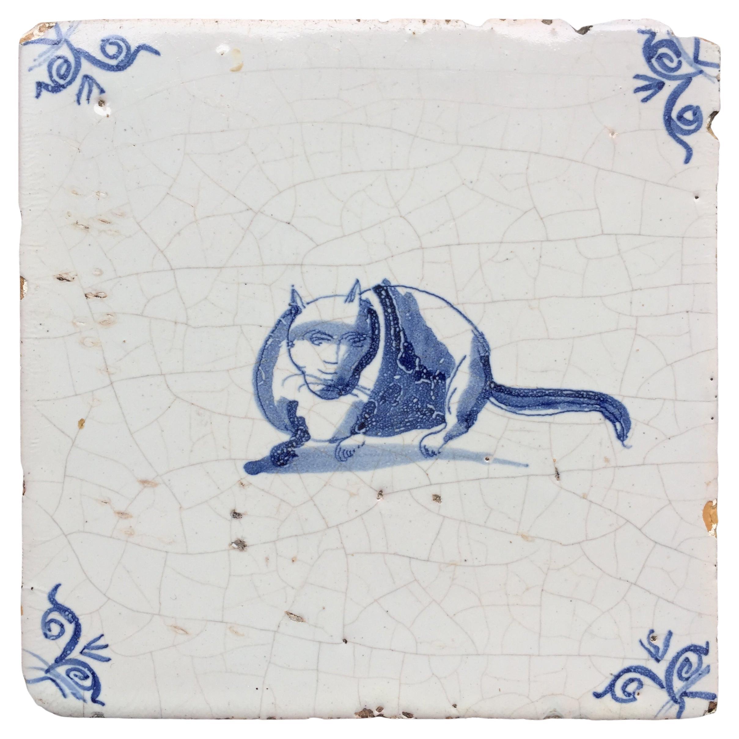 Blue and White Dutch Delft Tile with Fat Cat, Mid 17th Century