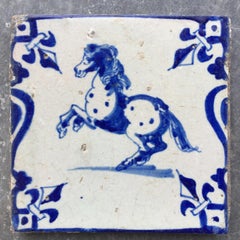 Blue and White Dutch Delft Tile with Grey Horse, Mid 17th Century