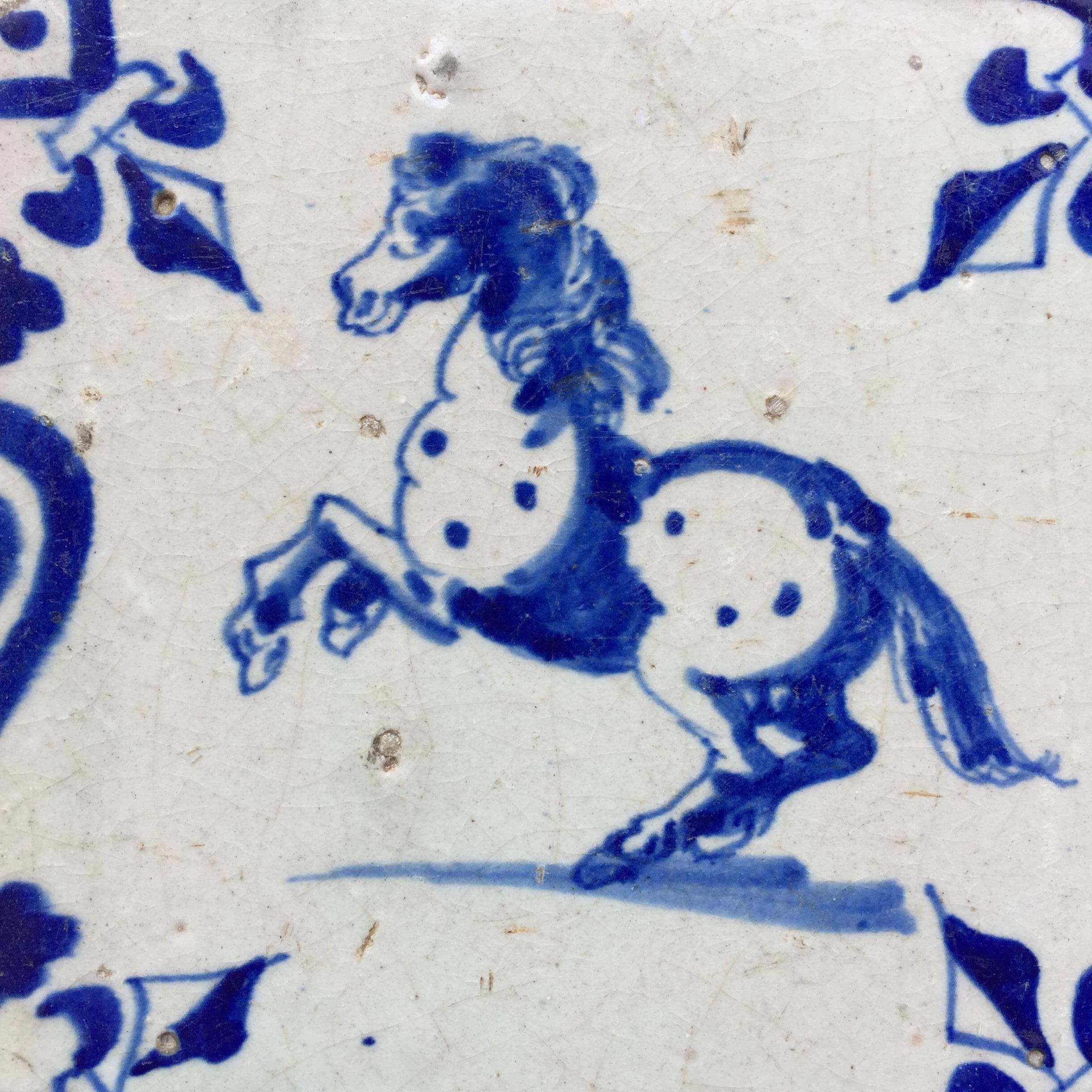 Baroque Blue and White Dutch Delft Tile with Grey Horse, Mid 17th Century