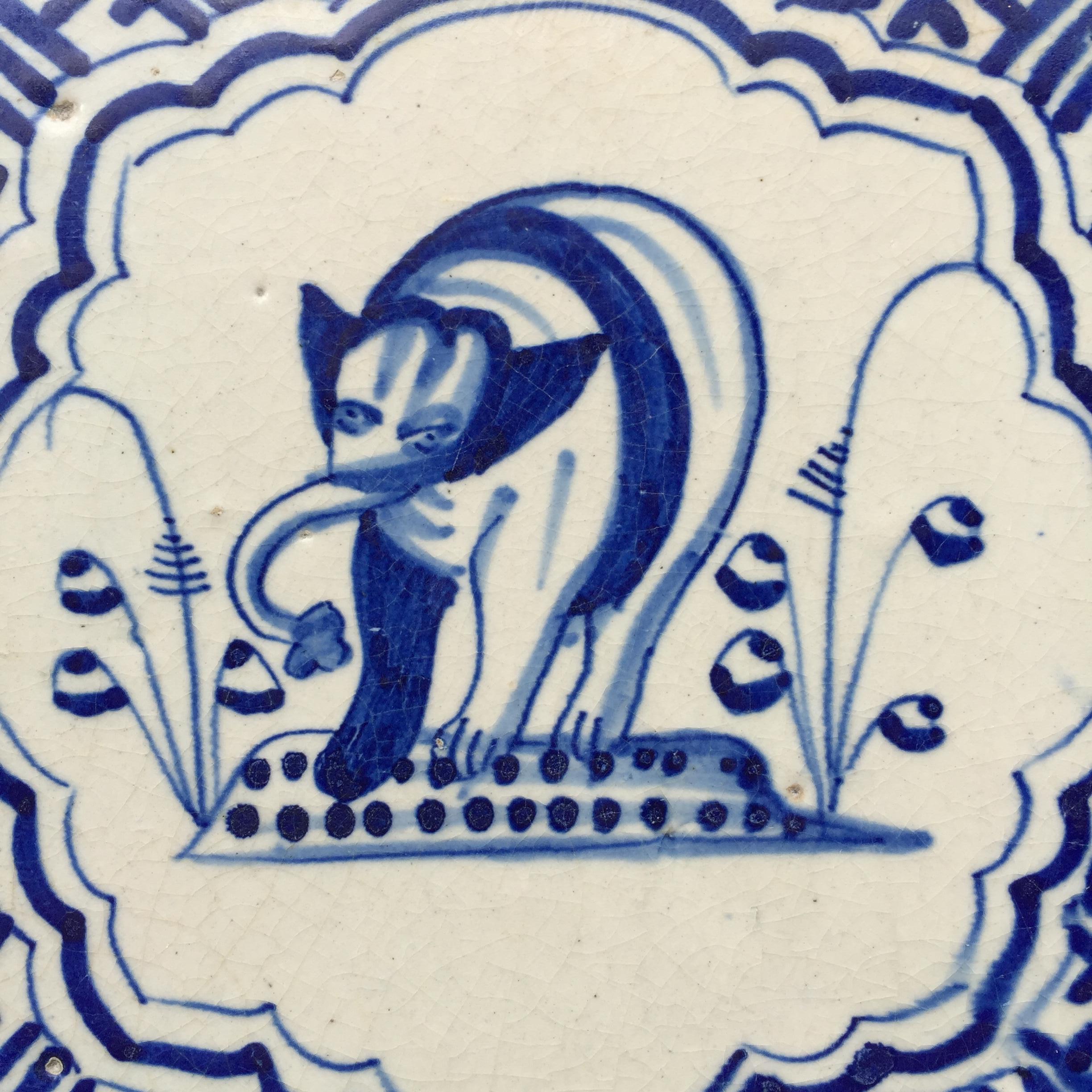 Baroque Blue and White Dutch Delft Tile with Elephant, Mid-17th Century