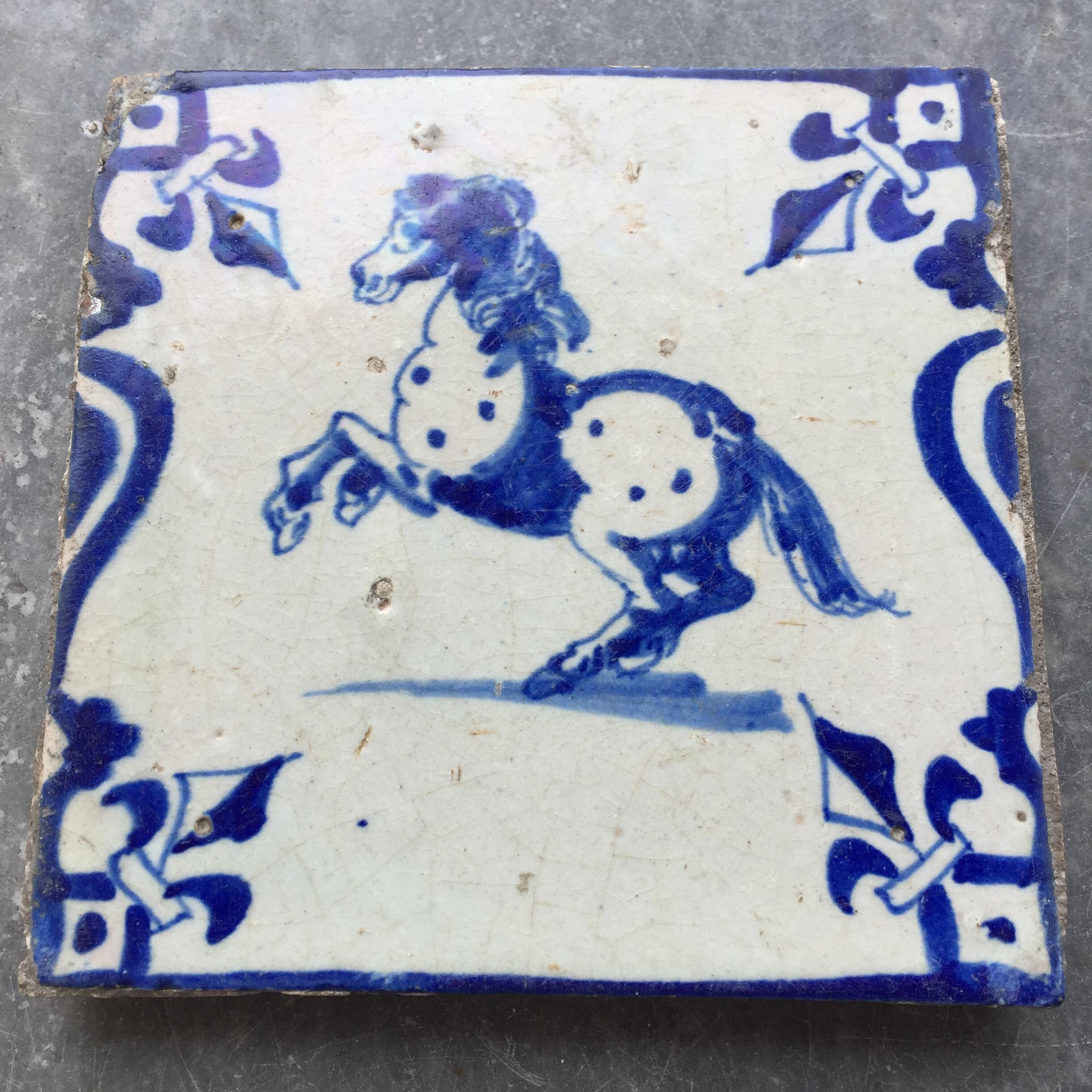 Fired Blue and White Dutch Delft Tile with Grey Horse, Mid 17th Century