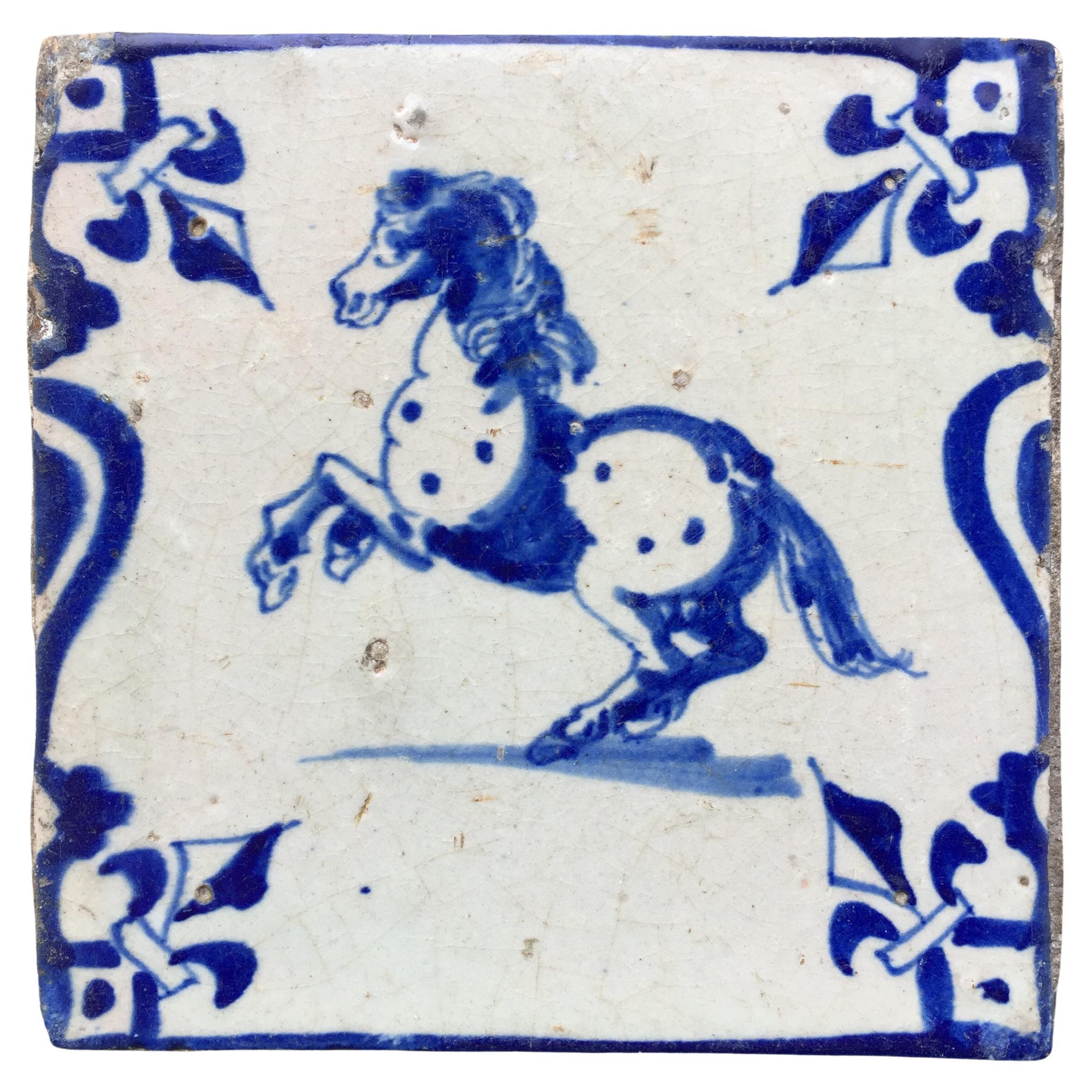 Blue and White Dutch Delft Tile with Grey Horse, Mid 17th Century