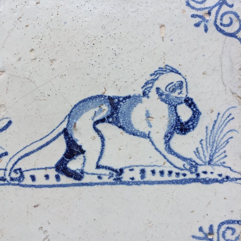 Baroque Blue and White Dutch Delft Tile with Monkey, Mid 17th Century For Sale