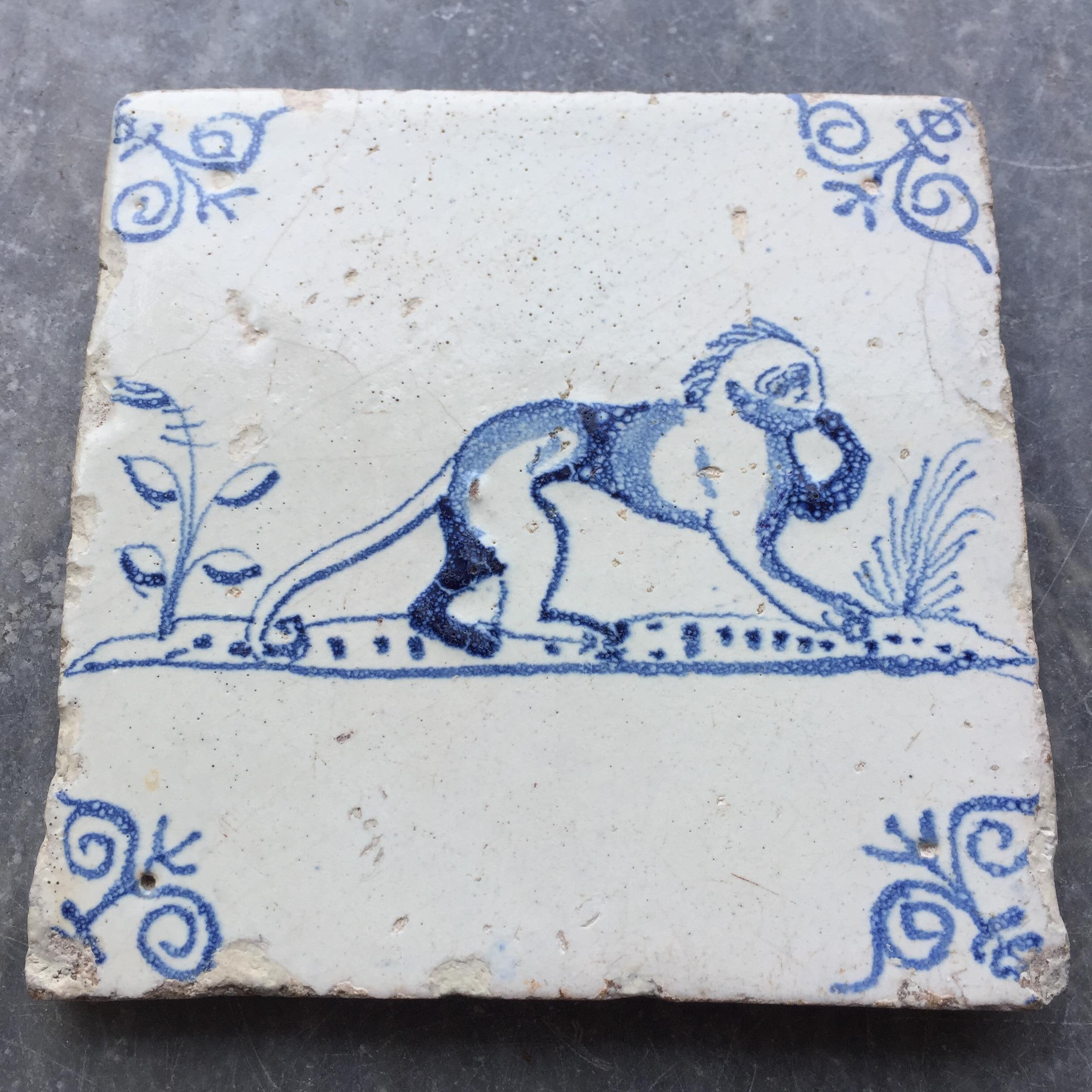 Fired Blue and White Dutch Delft Tile with Monkey, Mid 17th Century