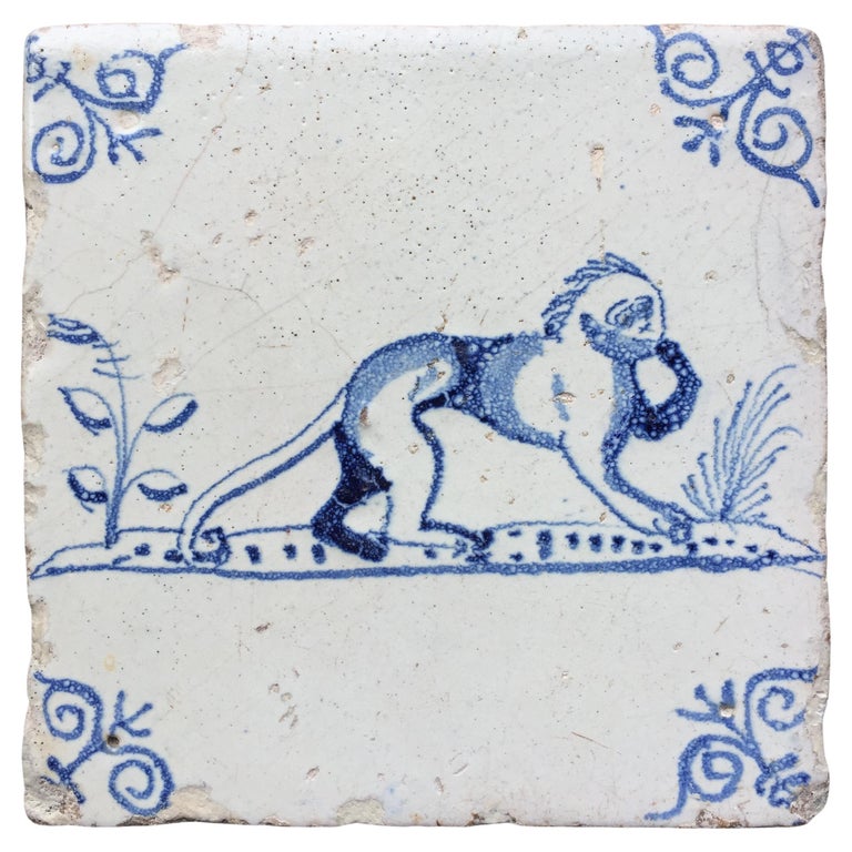 Blue and White Dutch Delft Tile with Monkey, Mid 17th Century For Sale