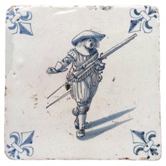 Antique Blue and White Dutch Delft Tile with Musketeer, Mid 17th Century