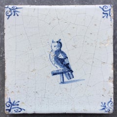 Blue and White Dutch Delft Tile with Owl, Mid 17th Century