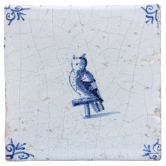 Blue and White Dutch Delft Tile with Owl, Mid 17th Century