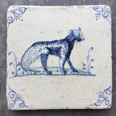 Blue and White Dutch Delft Tile with Panther, Mid 17th Century