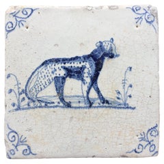 Blue and White Dutch Delft Tile with Panther, Mid 17th Century