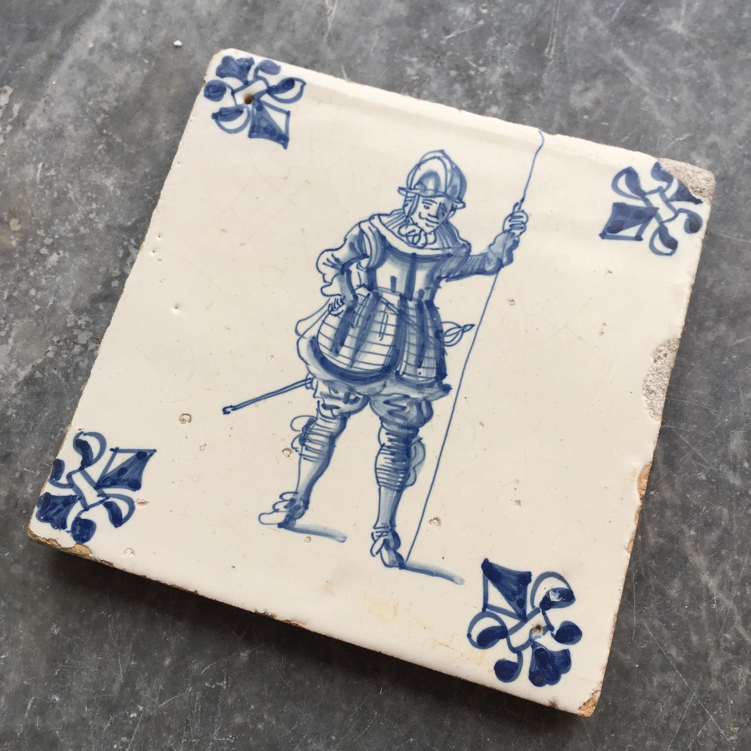 Fired Blue and White Dutch Delft Tile with Pikier, 17th Century For Sale