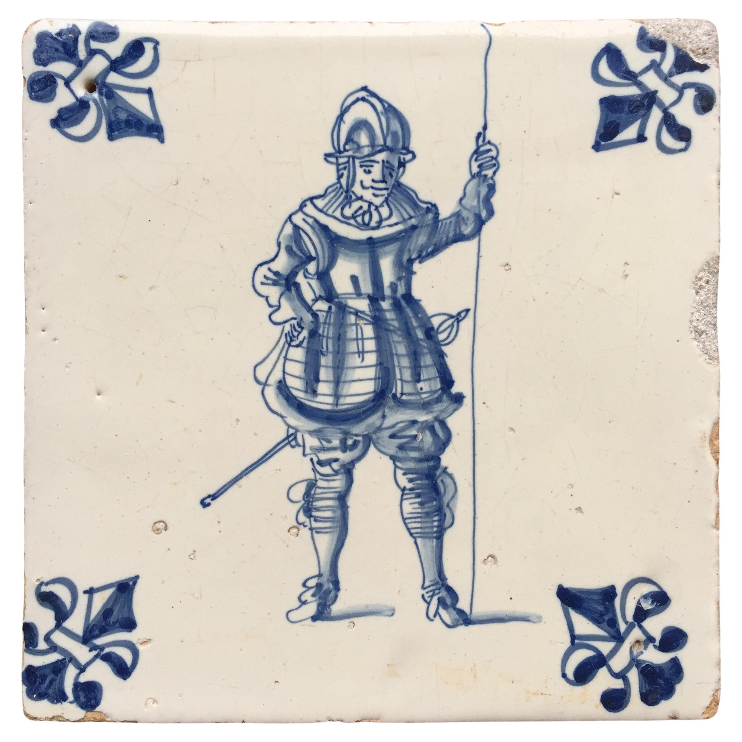 Blue and White Dutch Delft Tile with Pikier, 17th Century For Sale