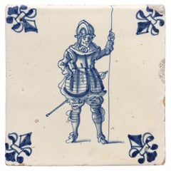 Vintage Blue and White Dutch Delft Tile with Pikier, 17th Century