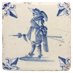 Blue and White Dutch Delft Tile with Pikier, Mid 17th Century