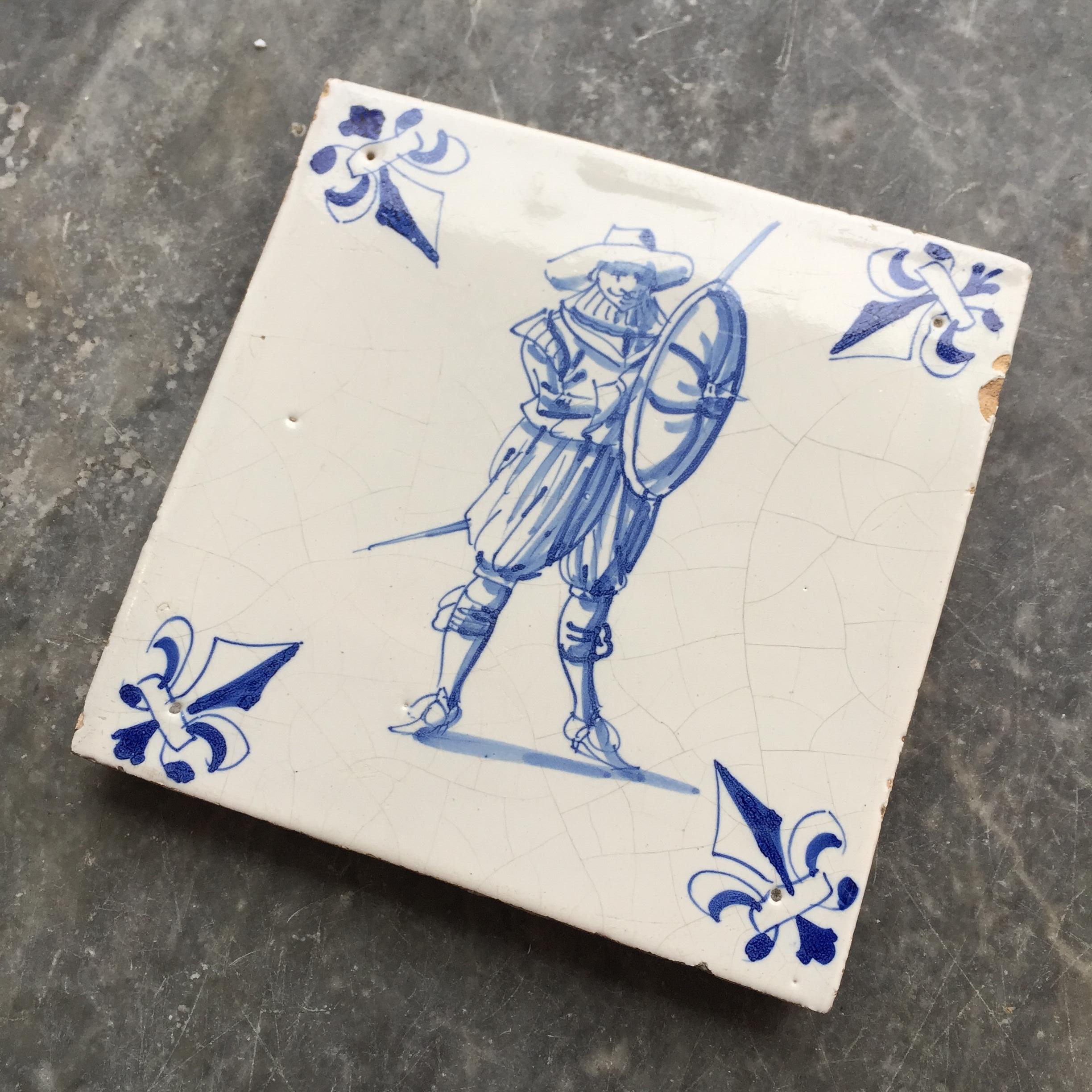 Baroque Blue and White Dutch Delft Tile with Swordsman, Mid 17th Century
