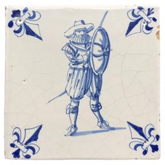 Antique Blue and White Dutch Delft Tile with Swordsman, Mid 17th Century