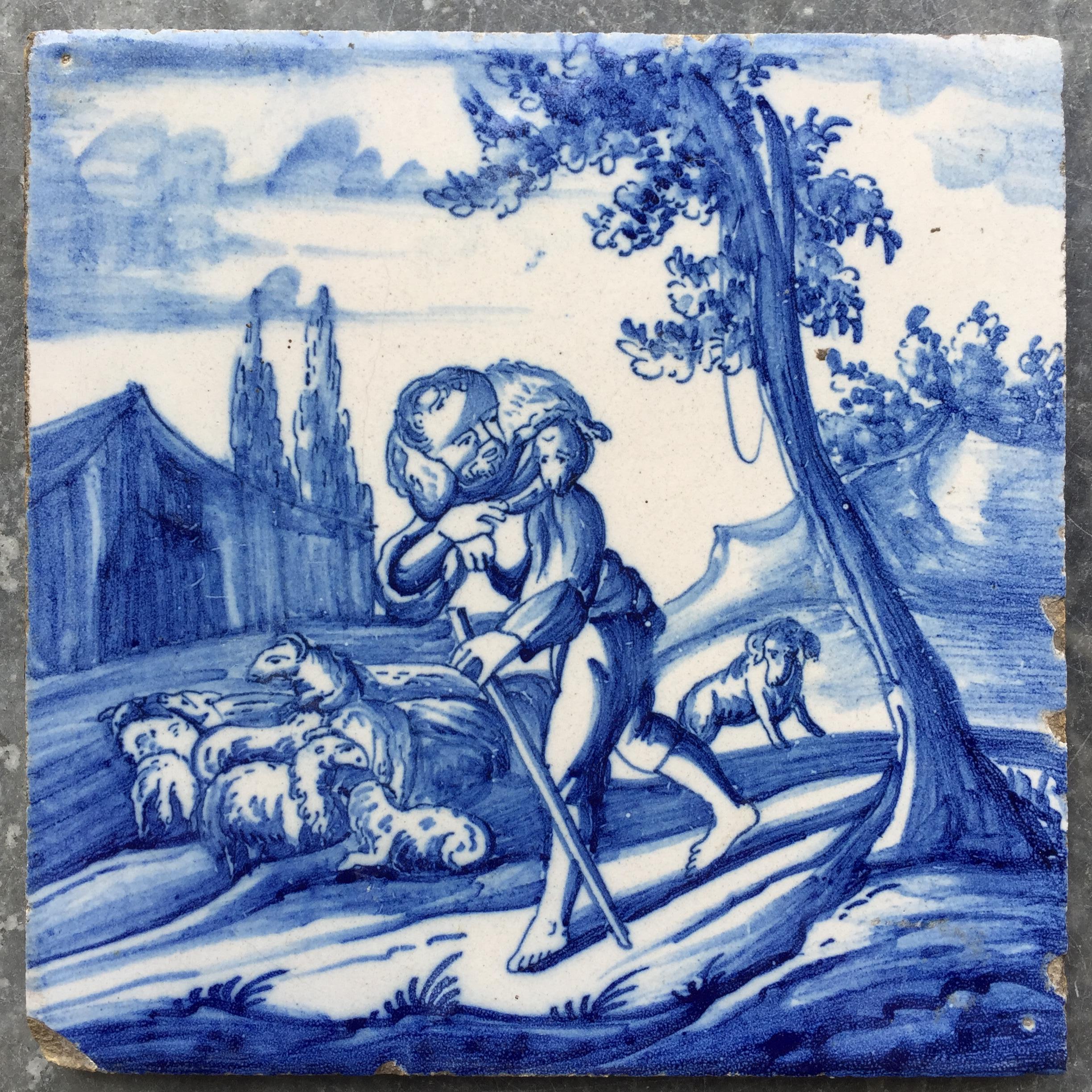 The Netherlands
Rotterdam
Circa 1720 - 1740

An unusually fine painted religious 'open air' tile with deep shades of blue and a shining glaze, decorated with the story of the lost sheep. Luc 15: 1 t/m 10.
The execution of this biblical tile is