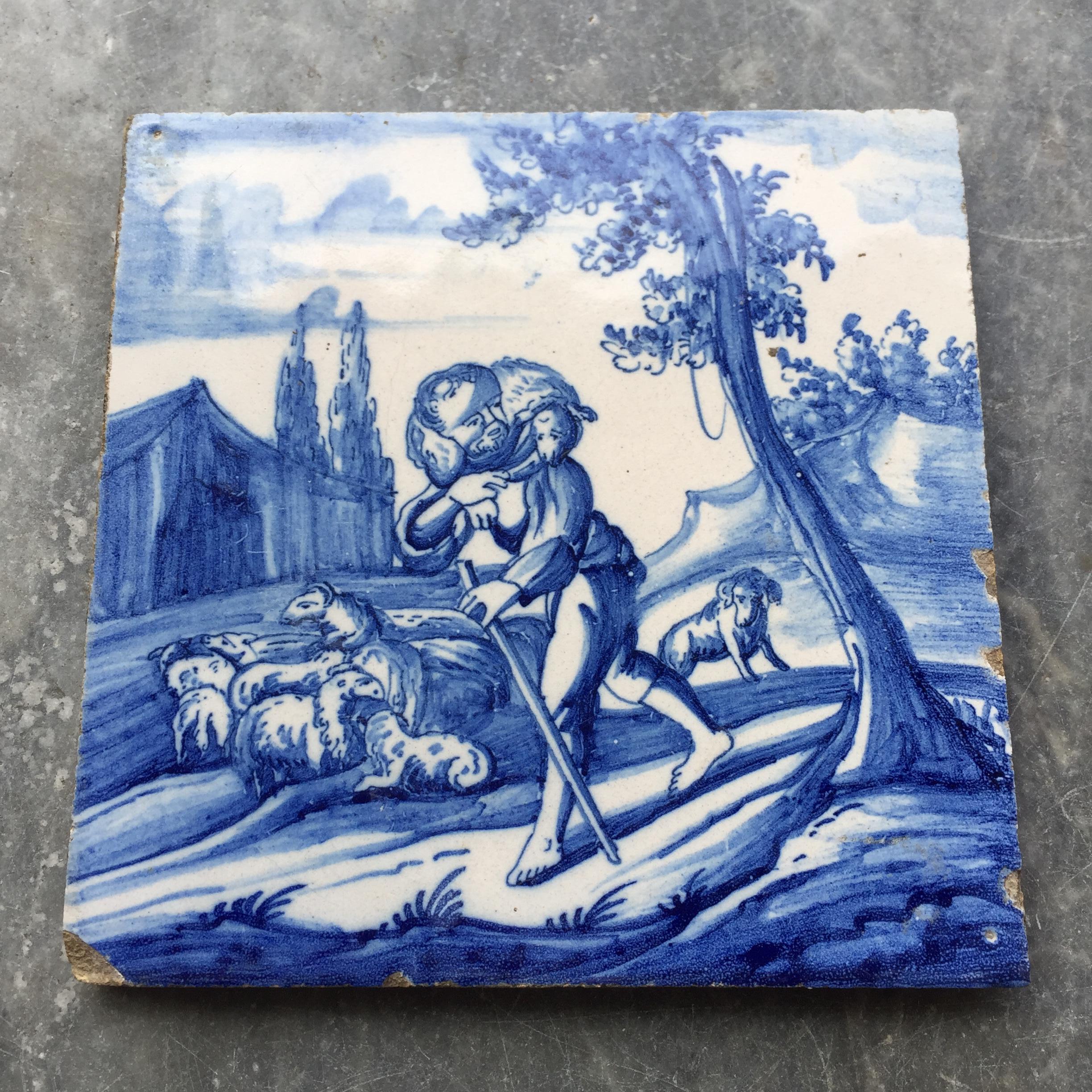 Baroque Blue and White Dutch Delft Tile with the Good Shepherd, Early 18th Century For Sale