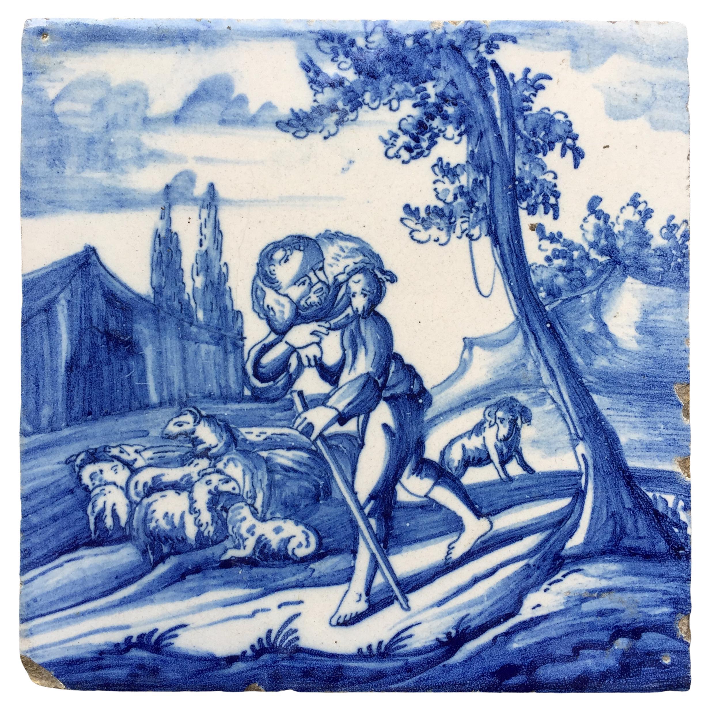 Blauer und weißer niederländischer Delfter Kachel mit dem guten Hirten, frühes 18. Jahrhundert