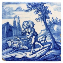 Blue and White Dutch Delft Tile with the Good Shepherd, Early 18th Century