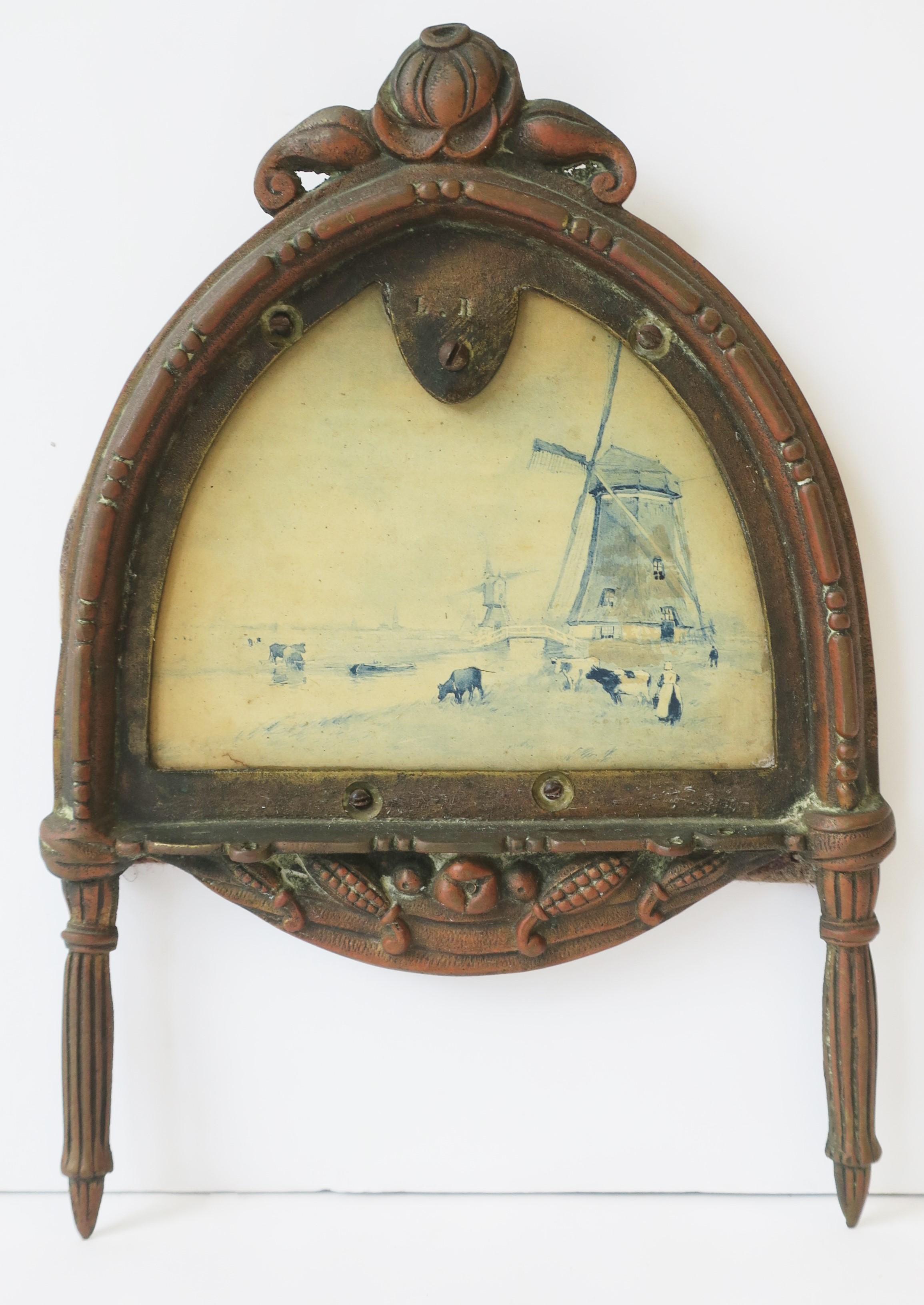 Copper Blue and White Dutch Holland Wall Art with Windmill and Farm Design For Sale