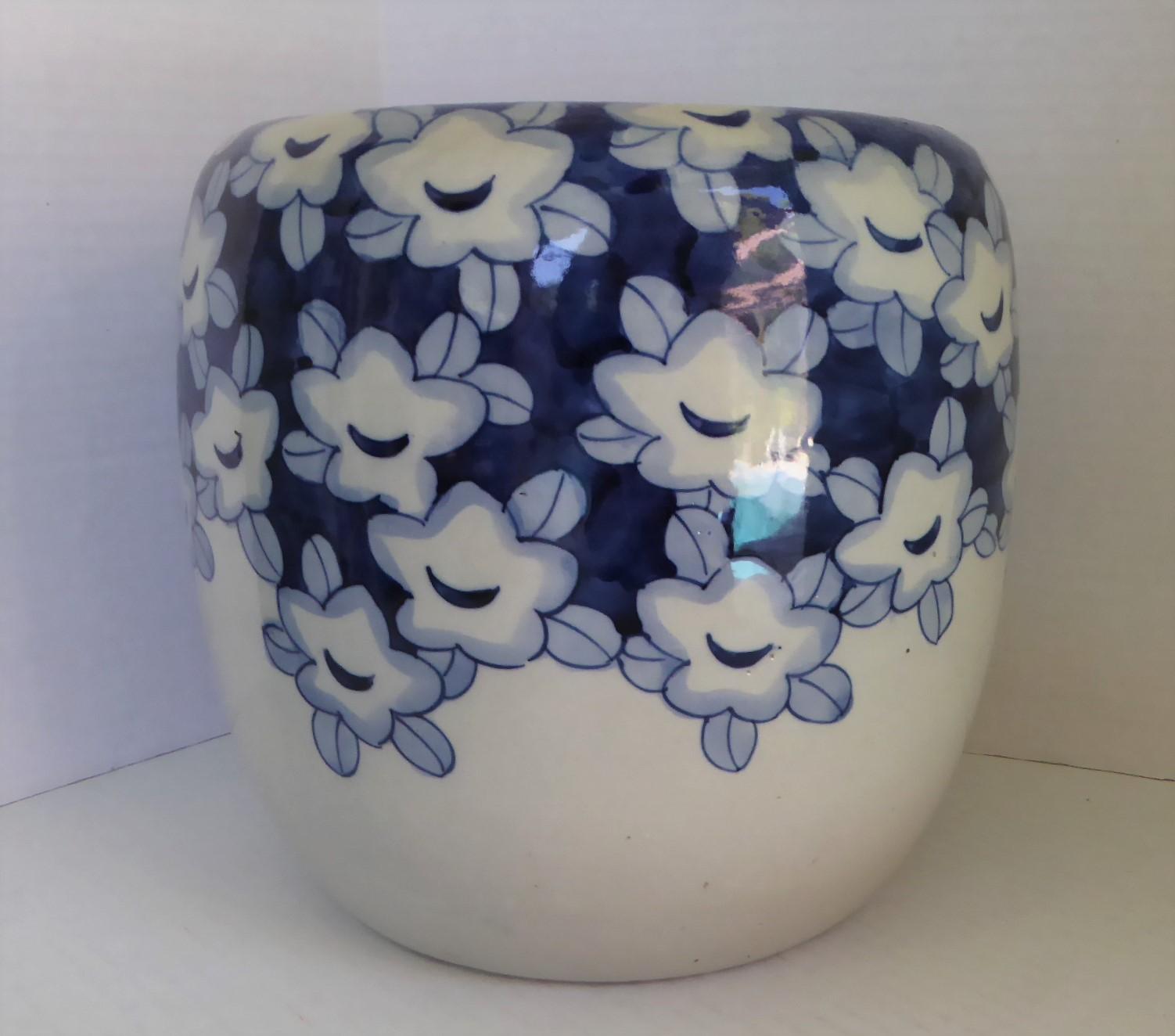 Modern Blue and White Earthenware Japanese Hibachi with Hand Painted Plum Blooms, 1950s