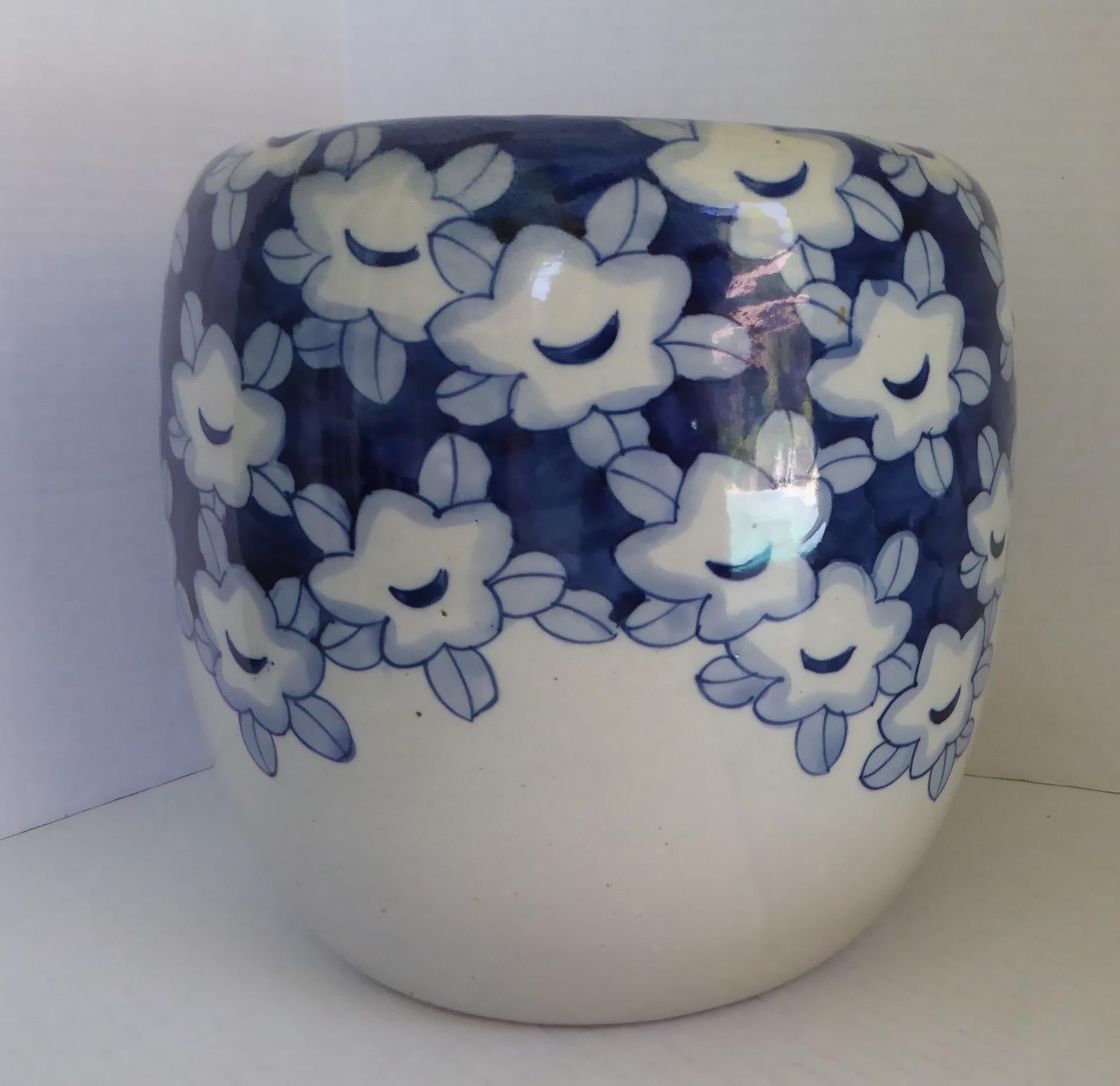 Blue and White Earthenware Japanese Hibachi with Hand Painted Plum Blooms, 1950s In Good Condition In Miami, FL