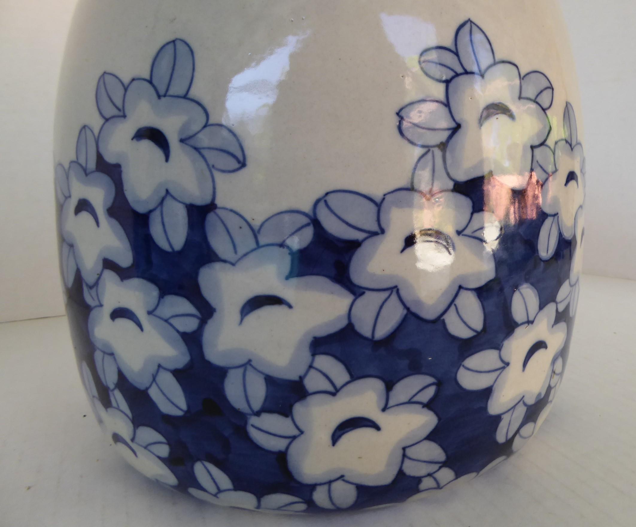 Blue and White Earthenware Japanese Hibachi with Hand Painted Plum Blooms, 1950s 1