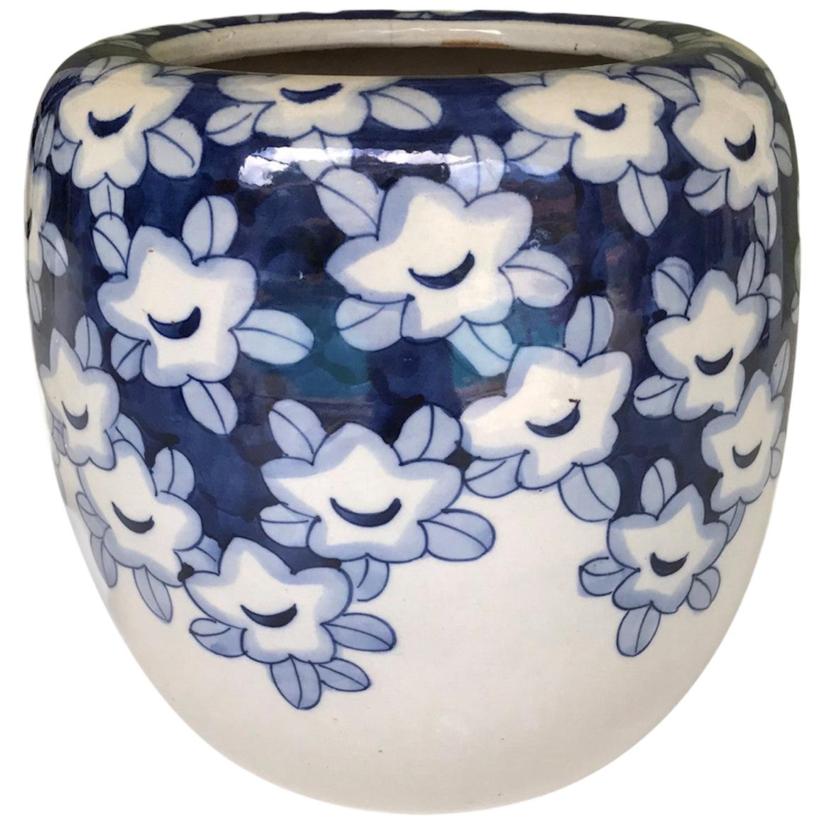 Blue and White Earthenware Japanese Hibachi with Hand Painted Plum Blooms, 1950s