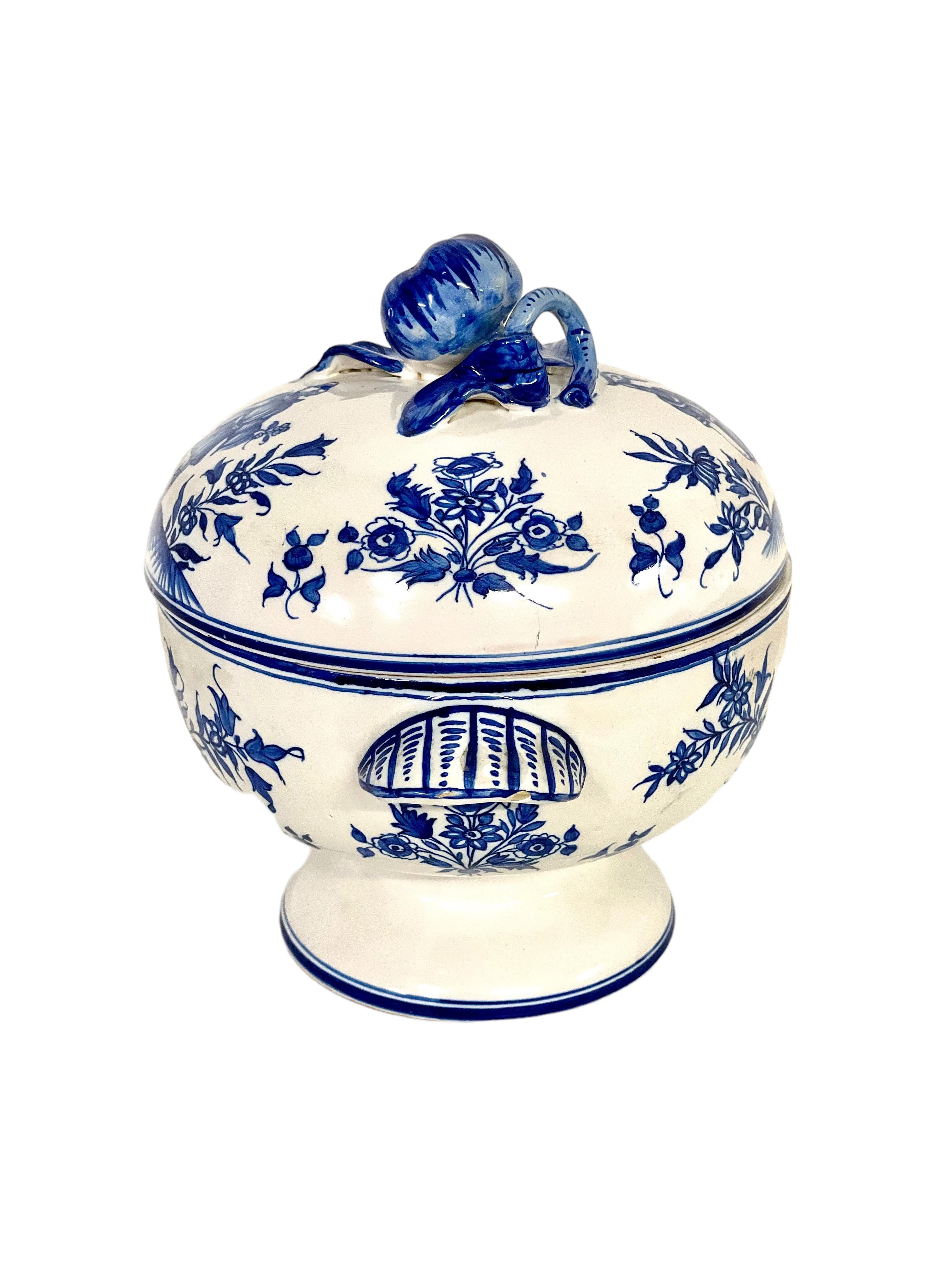 Blue and White Earthenware Lidded Tureen with Fantastical Decoration For Sale 7